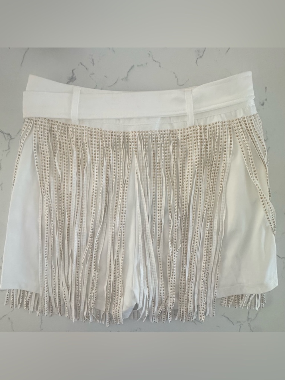 Cloud Ten White Rhinestone Fringe Belted Shorts Western Festival Glam NWT M - Picture 2 of 9